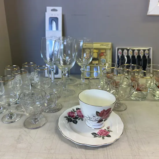 Vintage Assorted Glasses, Spreaders, Smeg Utility Knife Etc